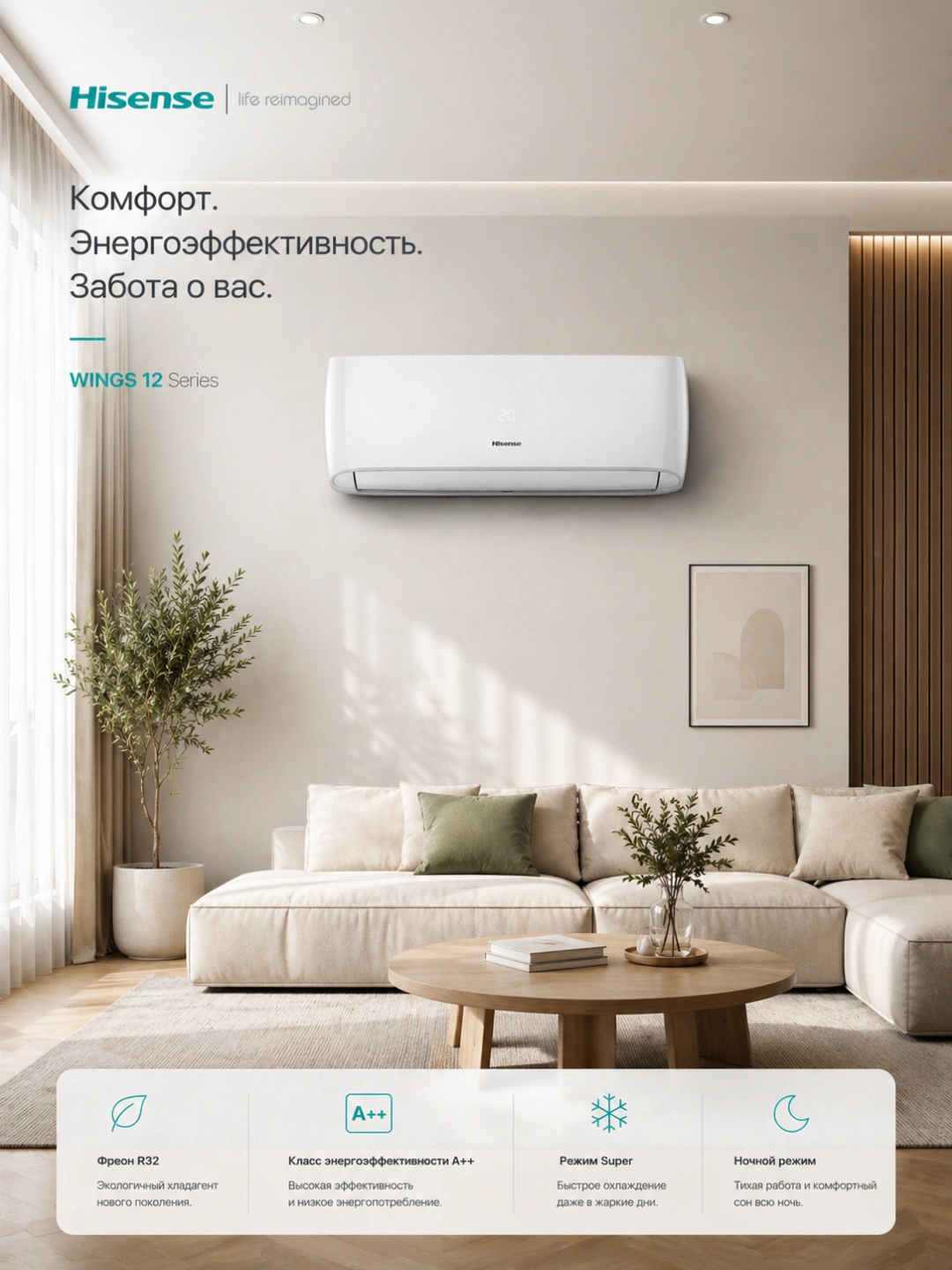 Кондиционер Hisense WINGS 12 Inverter R32 A++ настенный сплит-система